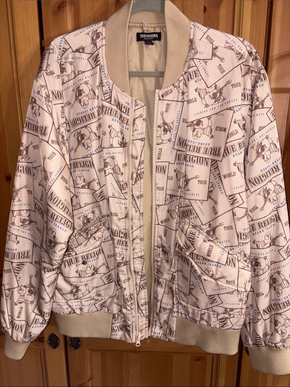 True Religion Men’s Cream Logo-Print Bomber Jacket